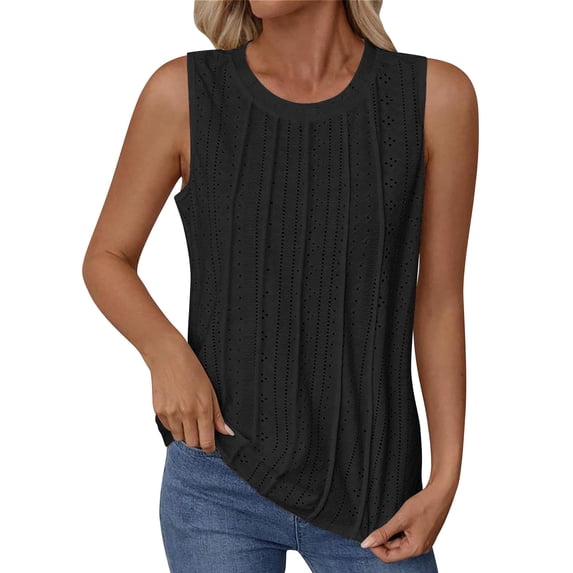 Turilly Women's Casual Pleated Eyelet Embroidery Tanks Solid Color Round Neck Temperament Tank Sleeveless Top