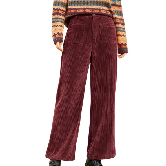 Turilly Women's Casual Solid Color Corduroy Pant Straight Leg Wide-Leg Pants With Pockets Wine L
