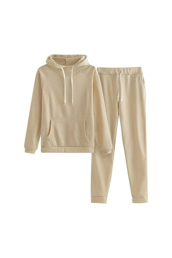 Women's Casual Solid Hooded Drawstring Loose Long Sleeve Sweatshirt Tops And Long Pants Set Suits