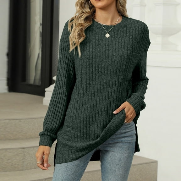 Turilly Women's Casual Solid Round Neck Pocket Hem Slit Loose T-shirt Top