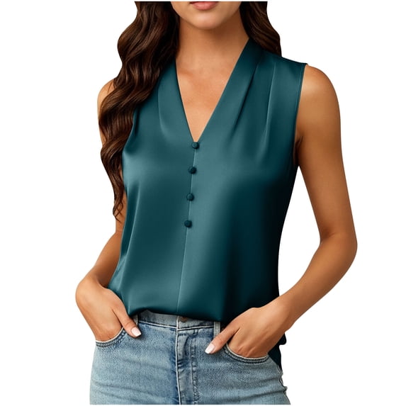 Turilly Women's Casual Temperament Tanks Satin V-Neck Sleeveless Blouse with Button