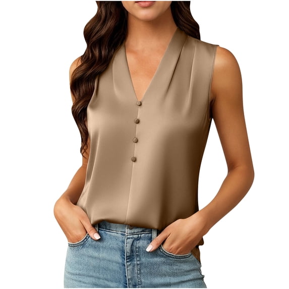 Turilly Women's Casual Temperament Tanks Satin V-Neck Sleeveless Blouse with Button