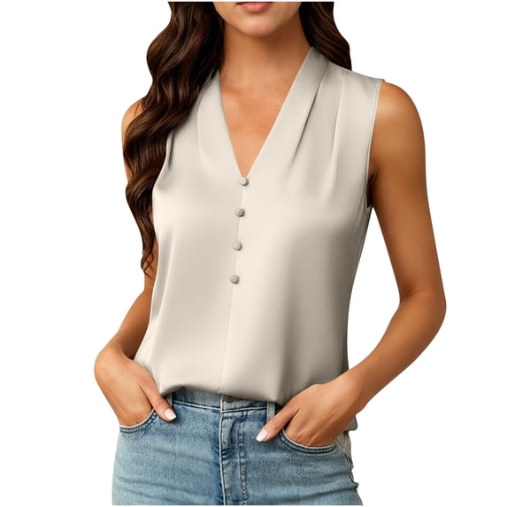 Turilly Women's Casual Temperament Tanks Satin V-Neck Sleeveless Blouse with Button