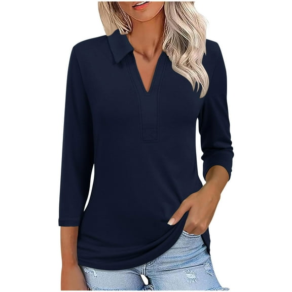 Turilly Women's Casual Three-Quarter Sleeve Tops Notch Collar T-Shirt Pullover Solid Color Fitted Top