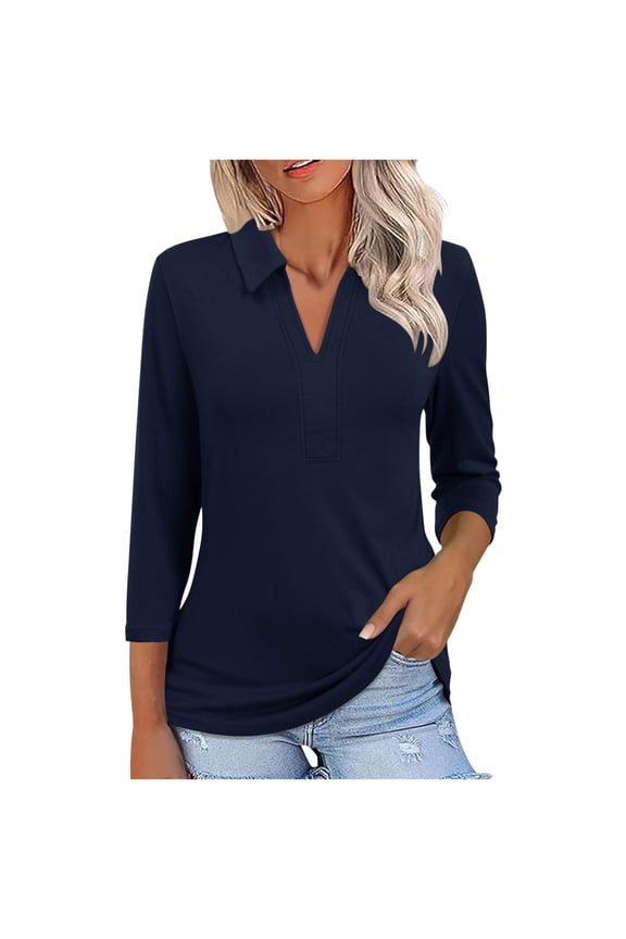 Women's Casual Three-Quarter Sleeve Tops Notch Collar T-Shirt Pullover Solid Color Fitted Top