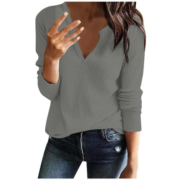Turilly Women's Casual Tops Solid Color V-Neck Long Sleeved Regular Sleeve Top