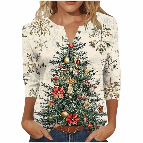 Turilly Women's Christmas Fashion Graphic Printed Tops V-Neck Loose 3/4 Sleeve Button Raglan Sleeve Top
