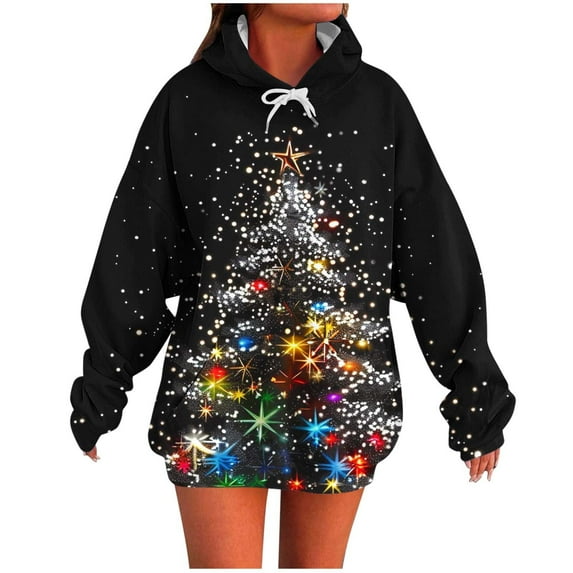 Turilly Women's Christmas Printed Hoodies Long Sleeve Hooded Sweatshirts Top Loose Fitting Sweater
