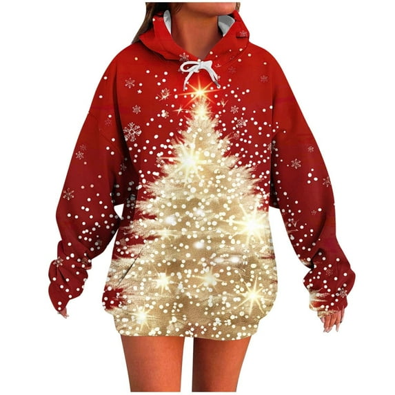 Turilly Women's Christmas Printed Hoodies Long Sleeve Hooded Sweatshirts Top Loose Fitting Sweater