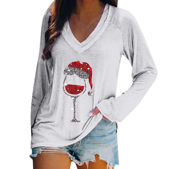 Turilly Women's Christmas Printed Loose Tees Long Sleeve Blouse V-Neck Casual Pullover Tops Blouses