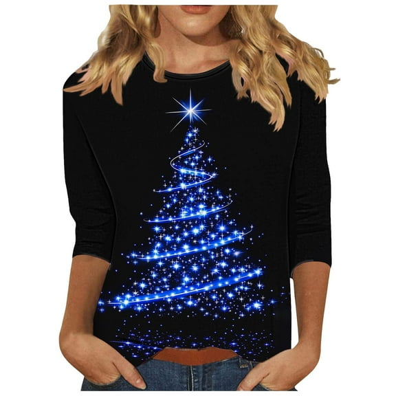 Turilly Women's Christmas Tree Printed Tops Pullover 3/4 Sleeve Crewneck Pullover Fashionable Top