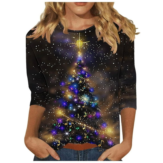 Turilly Women's Christmas Tree Printed Tops Pullover 3/4 Sleeve Crewneck Pullover Fashionable Top