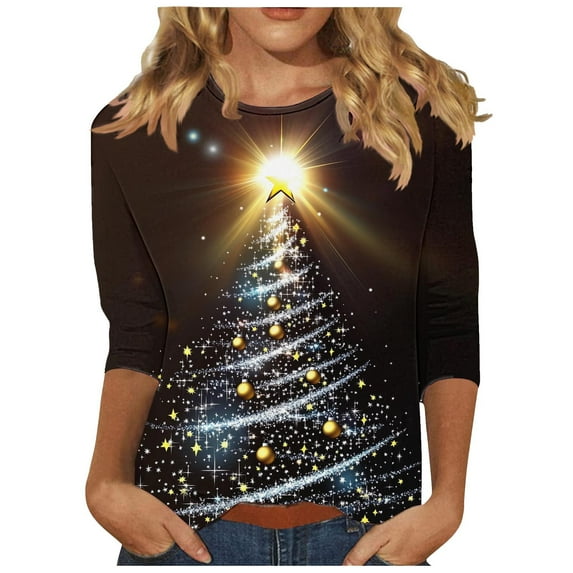 Turilly Women's Christmas Tree Printed Tops Pullover 3/4 Sleeve Crewneck Pullover Fashionable Top