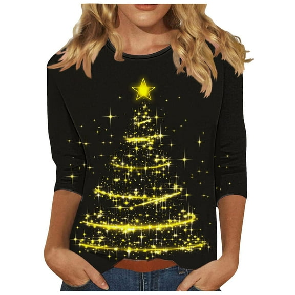 Turilly Women's Christmas Tree Printed Tops Pullover 3/4 Sleeve Crewneck Pullover Fashionable Top
