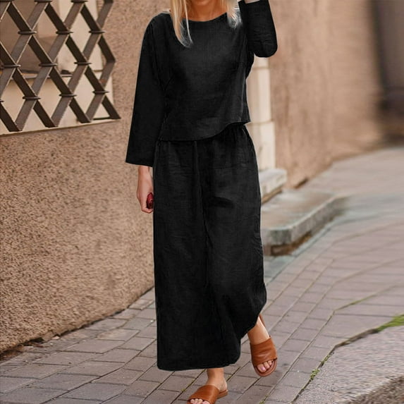 Turilly Women's Coats and Jackets 2PCS Fashion Woman Round Neck Solid Long Sleeve Blouse and Loose Pants Set