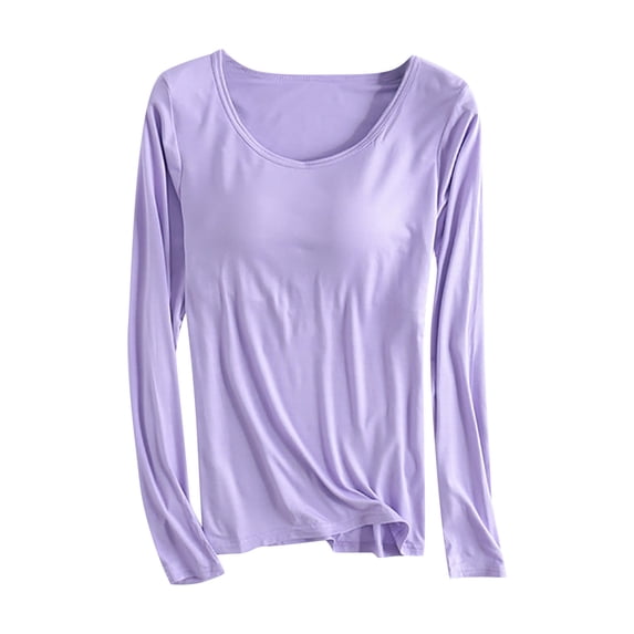 Turilly Women's Color Household Clothes with Chest Pads T-shirt Long Sleeved Pajama Comfortable Base For External Wear Round Neck
