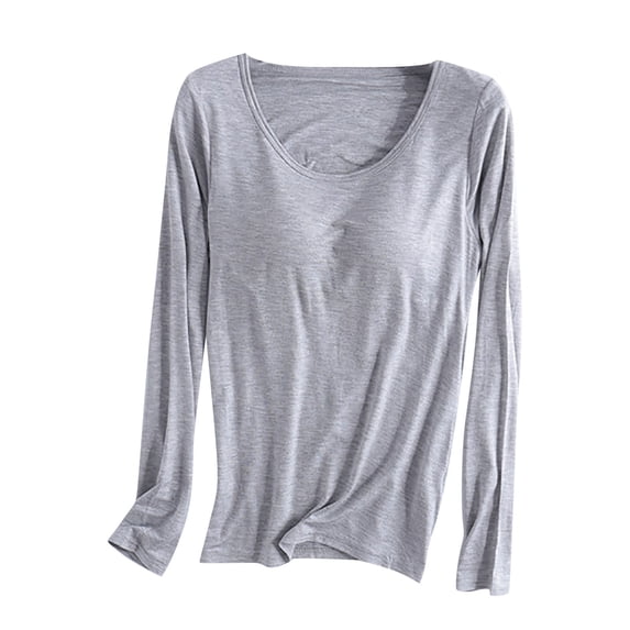 Turilly Women's Color Household Clothes with Chest Pads T-shirt Long Sleeved Pajama Comfortable Base For External Wear Round Neck