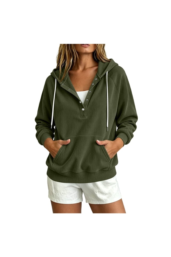 Women's Corduroy Henley Hoodie Half-Button Drawstring Pullover Sweatshirt with Kangaroo Pocket for Fall and Winter