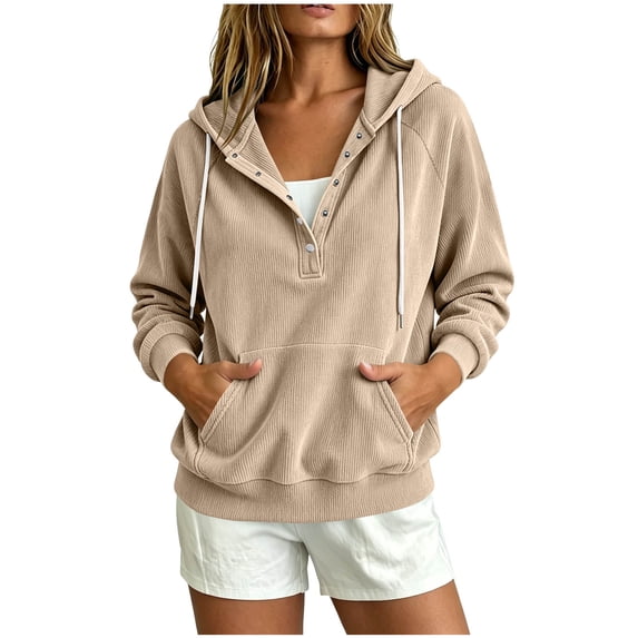 Turilly Women's Corduroy Henley Hoodie Half-Button Drawstring Pullover Sweatshirt with Kangaroo Pocket for Fall and Winter