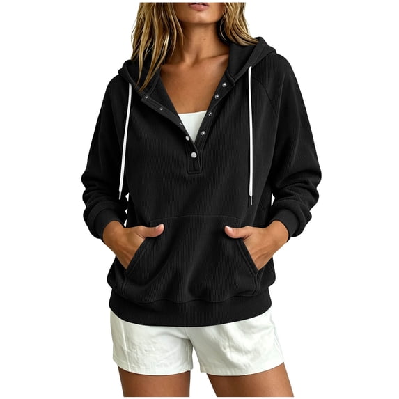 Turilly Women's Corduroy Henley Hoodie Half-Button Drawstring Pullover Sweatshirt with Kangaroo Pocket for Fall and Winter