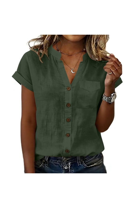 Women's Cotton Linen Blouse with Chest Pocket Fashion Ladies Summer V-Neck Short Sleeve Button Down Casual Top