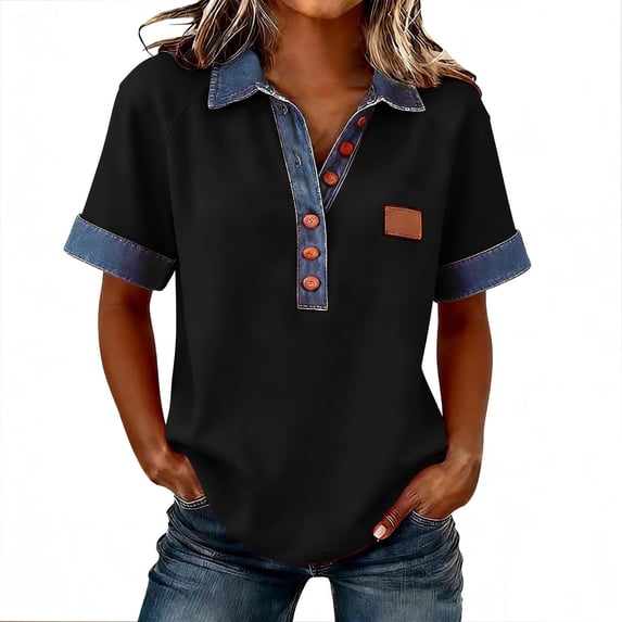Turilly Women's Denim Stitching Tops Fashion Ladies Casual Short-Sleeved V-Neck Button Denim Stitching Pullover Sweatshirt Top