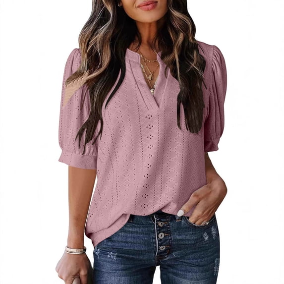Turilly Women's Embroidered Puff Sleeved Tops Summer Ladies Solid Color Casual Top V-Neck Short Sleeve Fashion Hollow Relaxed Fit Top