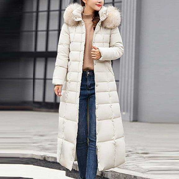 Turilly Women's Extended Length Cotton Coat Women's Extended Length Over-the-knee Loose Cold-proof Warm Thickened Hooded Cotton Coat