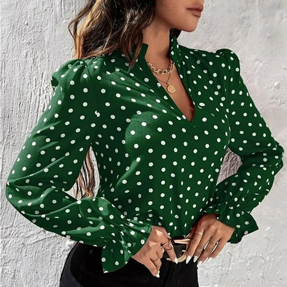 Turilly Women's Fashion Casual Lapel Top Loose Long Point Sleeve Print Blouse