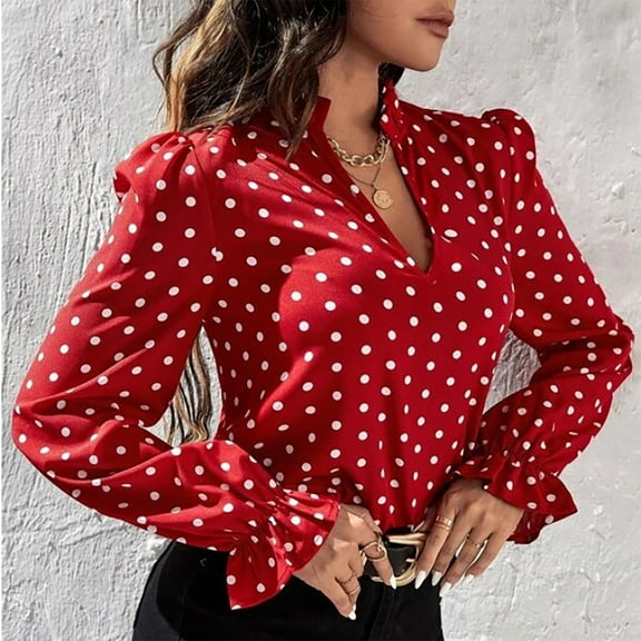 Turilly Women's Fashion Casual Lapel Top Loose Long Point Sleeve Print Blouse