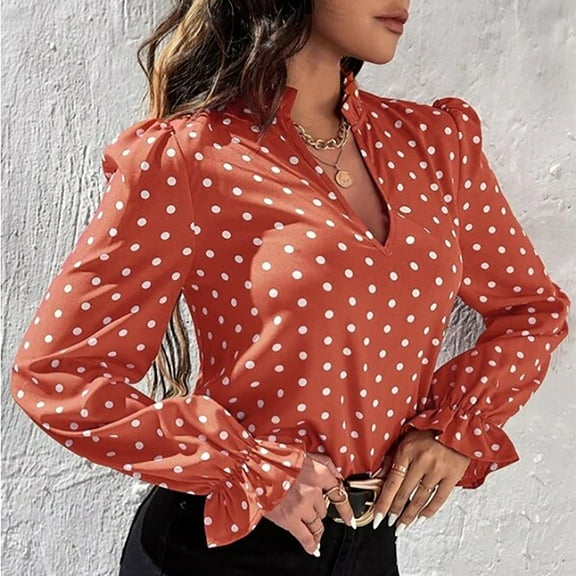 Turilly Women's Fashion Casual Lapel Top Loose Long Point Sleeve Print Blouse