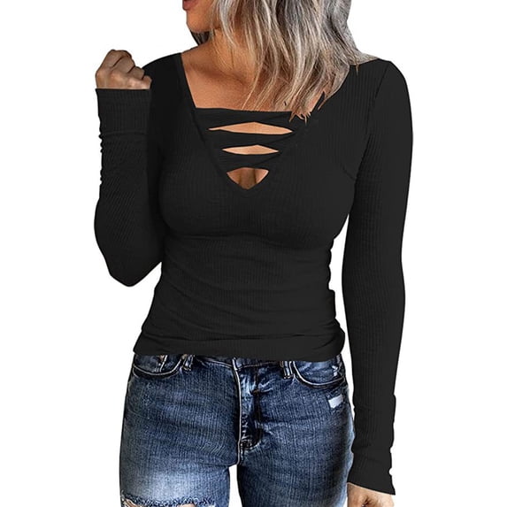 Turilly Women's Fashion Casual V-Neck Long Sleeve Comfortable Solid Color Tops Blouse
