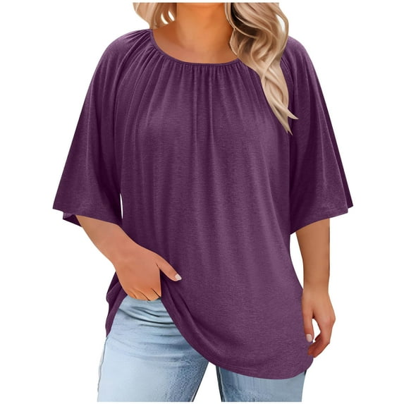 Turilly Women's Fashion Loose Casual Short Sleeves T-Shirt Round Neck Plus Size Top Purple XL