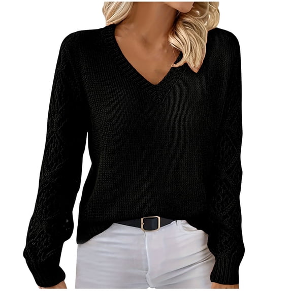 Turilly Women's Fashion New Winter Sweaters Leisure Hollow-Out Long Sleeve Hook Loose V-Neck Bottom Knit Sweater Tops