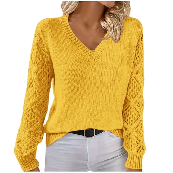Turilly Women's Fashion New Winter Sweaters Leisure Hollow-Out Long Sleeve Hook Loose V-Neck Bottom Knit Sweater Tops