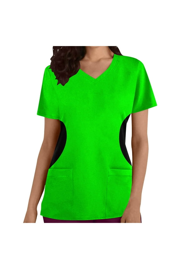 Women's Fashion Short Sleeve V-Neck Tops Working Uniform Printing Pocket Blouse Tops
