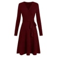 thumbnail image 1 of Turilly Women's Fashion Solid Color V-Neck Dress Brushed Rib A-line Long-Sleeve Button Pockets Dress, 1 of 5
