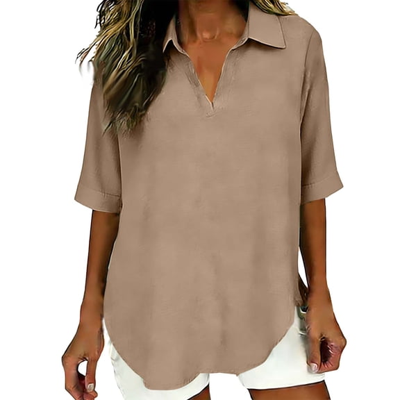 Turilly Women's Fashion Spring/Summer Imitation Linen Linen Washed Wrinkled T-Shirts Solid Color Lapel Five Cent Short Sleeve Shirt/Top Khaki XL