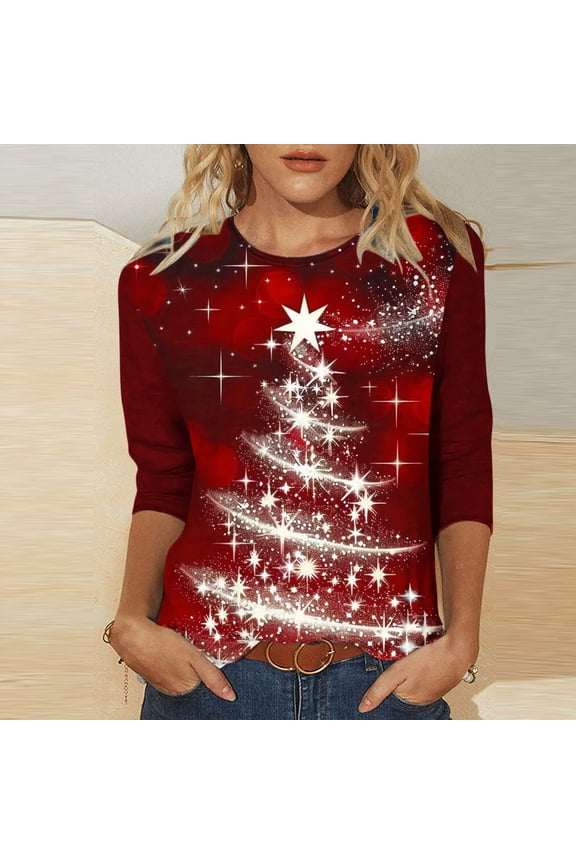 Women's Fashion Three Quarter Sleeve Round Neck Easter Printed Loose Tops Blouse