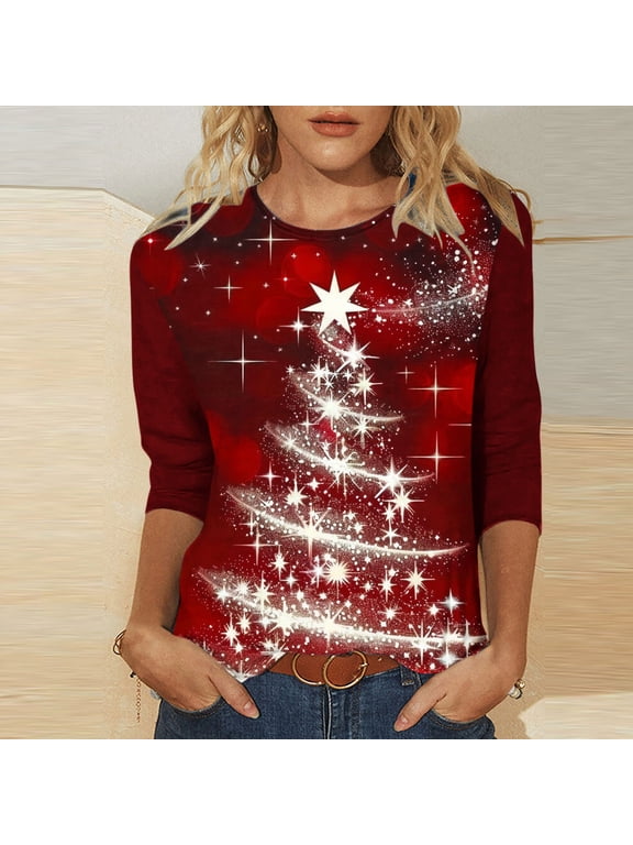 Women's Fashion Three Quarter Sleeve Round Neck Easter Printed Loose Tops Blouse