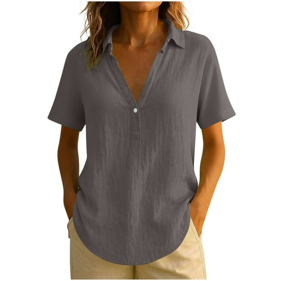 Turilly Women's Fashionable Casual Linen T-Shirts Solid Color Lapel Short Sleeved Button V-Neck Top Gray M