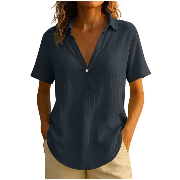 Turilly Women's Fashionable Casual Linen T-Shirts Solid Color Lapel Short Sleeved Button V-Neck Top Navy M