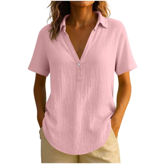 Turilly Women's Fashionable Casual Linen T-Shirts Solid Color Lapel Short Sleeved Button V-Neck Top Pink S