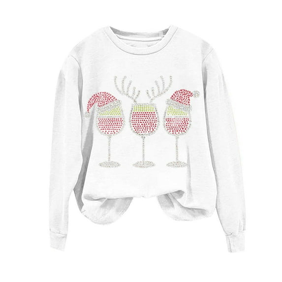 Turilly Women's Fashionable Loose Casual Christmas Wine Glass Printed Hotfix Rhinestone Long Sleeved Sweatshirt Top