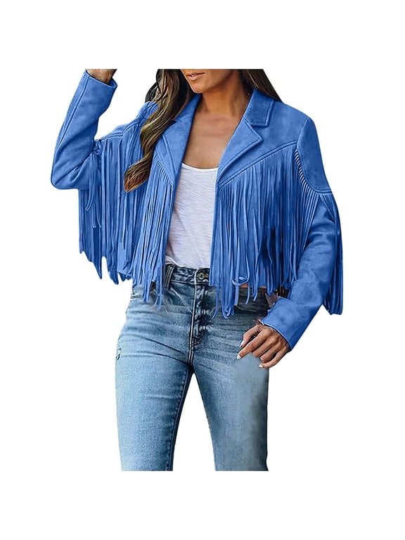 Women's Faux Suede Leather Cowboy Style Fringe Coat Long Sleeve Tassel Cardigan Jacket