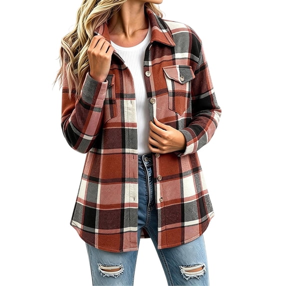 Turilly Women's Fleece Lined Shacket with Button Down Plaid Collared Chest Pocket Winter Outerwear Warm Fall Jacket