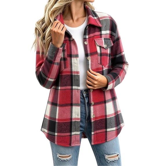 Turilly Women's Fleece Lined Shacket with Button Down Plaid Collared Chest Pocket Winter Outerwear Warm Fall Jacket S-XXL