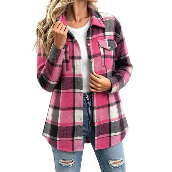 Turilly Women's Fleece Lined Shacket with Button Down Plaid Collared Chest Pocket Winter Outerwear Warm Fall Jacket