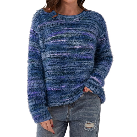 Turilly Women's Fuzzy Striped Sweater Crew Neck Long Sleeve Cozy Winter Top