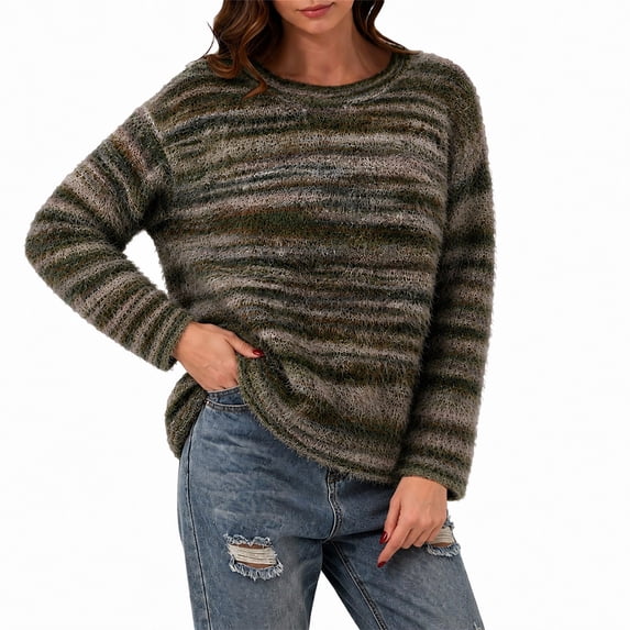 Turilly Women's Fuzzy Striped Sweater Crew Neck Long Sleeve Cozy Winter Top